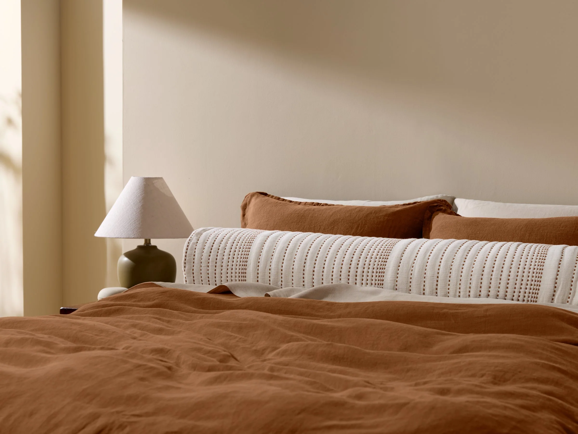 Hand Stitched Bolster Pillow Cover (Cream and Tobacco) - Image 2